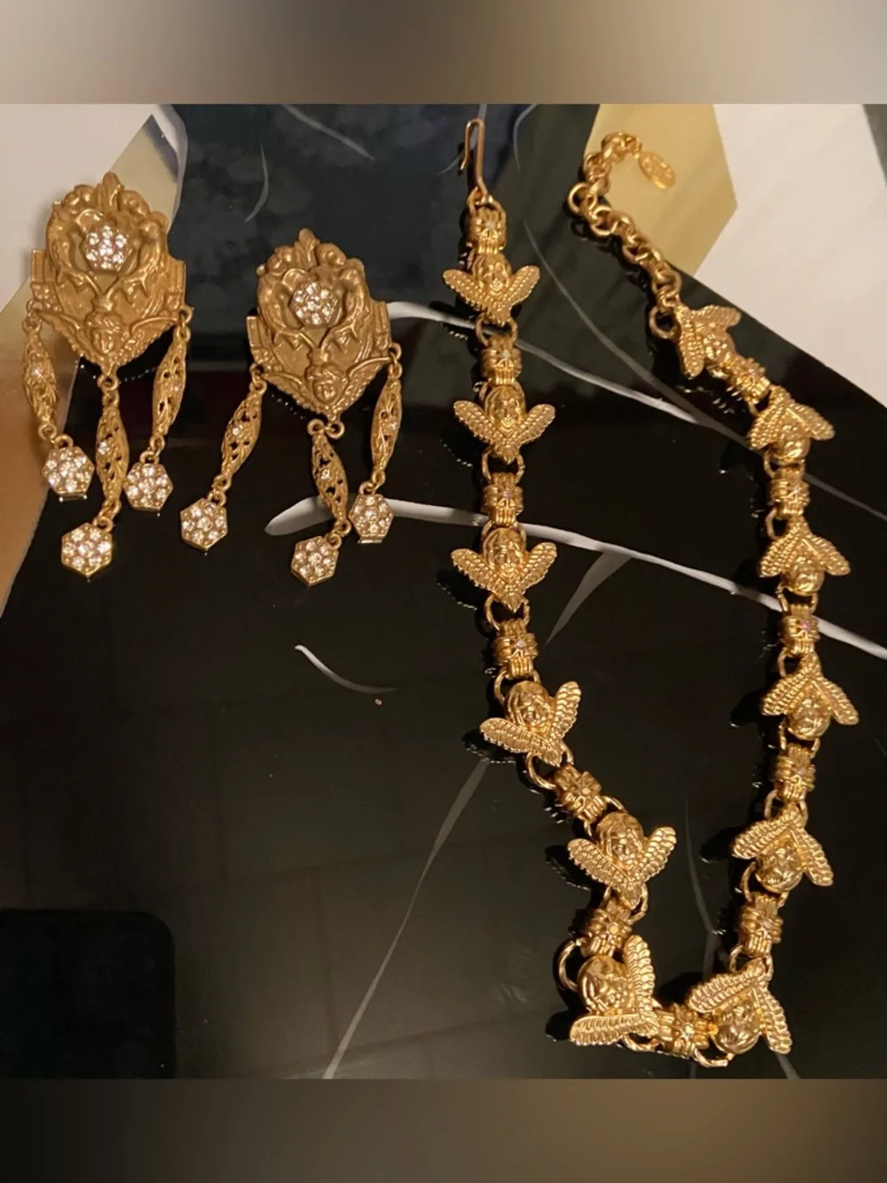 Fanstar Antique Gold Cherub Earrings & Kirks Folly Cherub Link Necklace Set #40